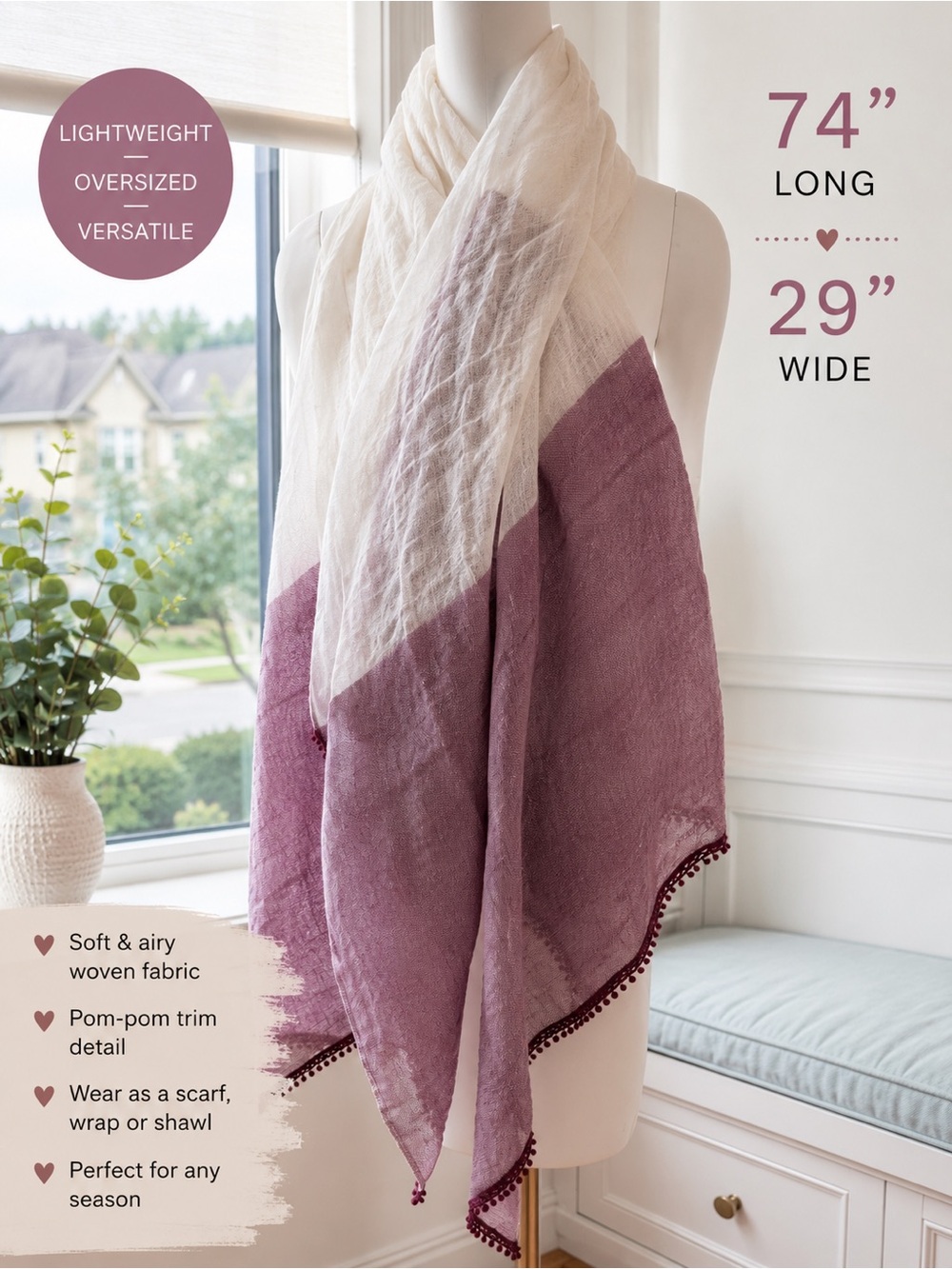 Oversized Pink & Cream Lightweight Scarf Shawl with Pom-Pom Trim